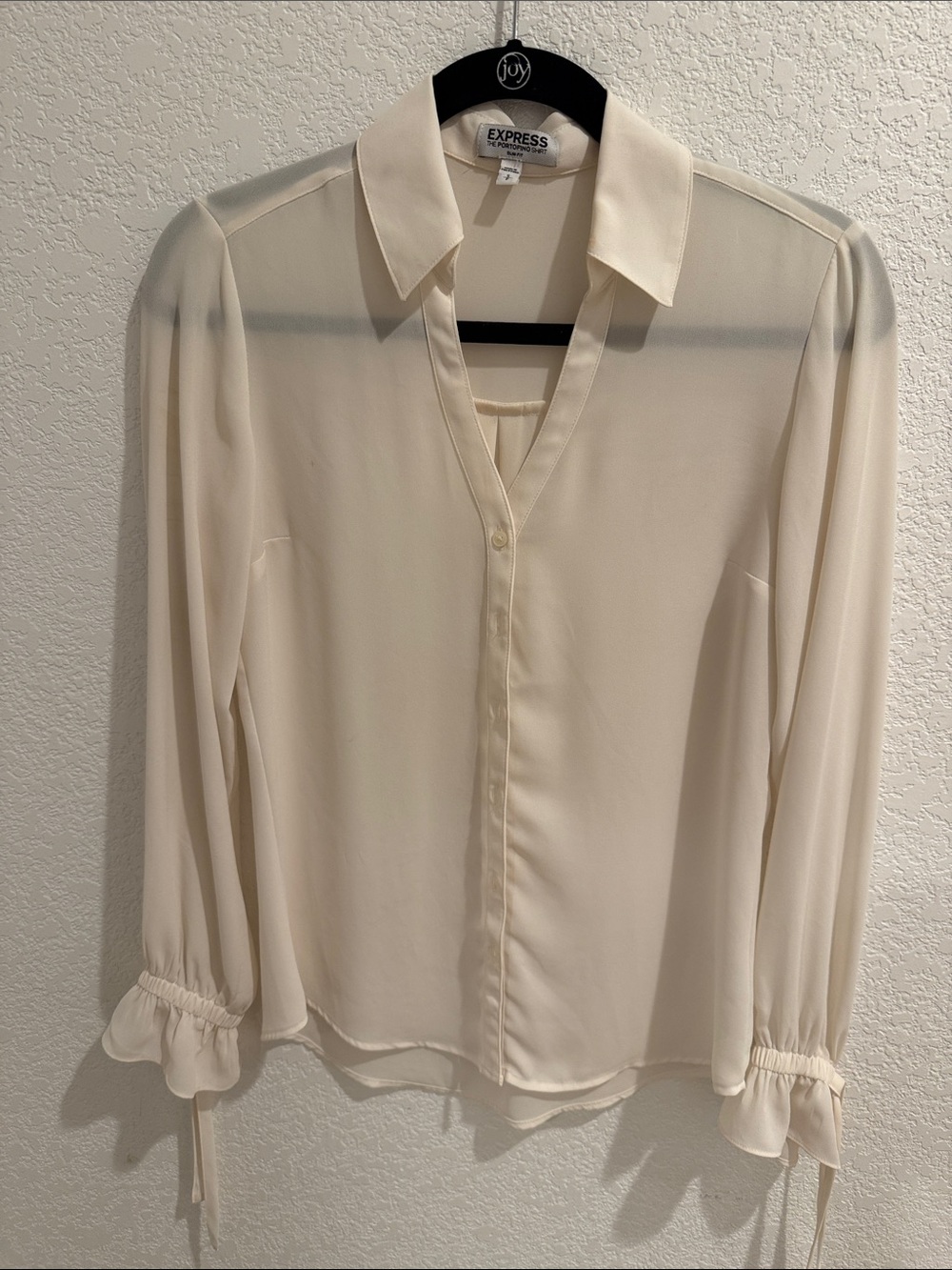Express Cream Semi-Sheer Long-Sleeve Collared Blouse